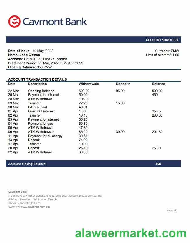 Zambia Cavmont Bank statement